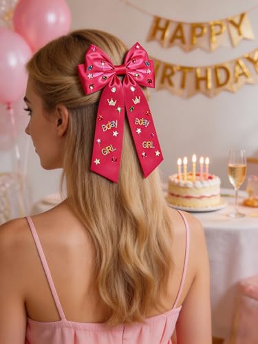 NVENF Birthday Girl Hair Bow - Large Pink Satin Bow with Crystals & Pearls