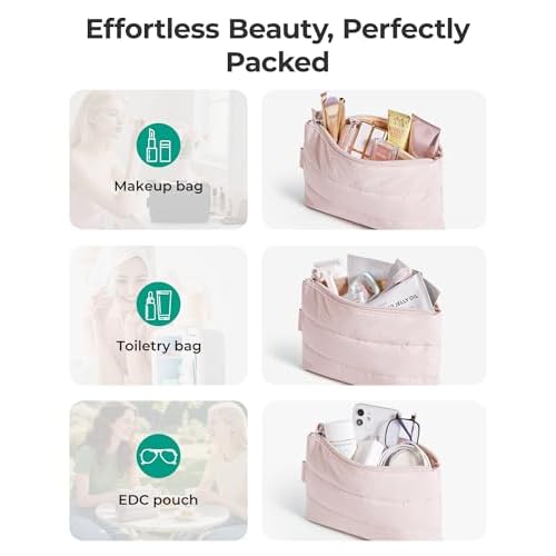 BAGSMART Small Makeup Bag, Puffy Portable Cosmetic Pouch with Charm Zipper, Water-Resistant Travel Organizer for Women (Baby Pink, Small)