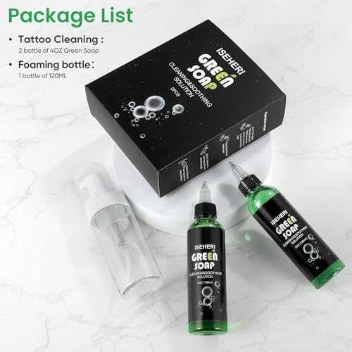 ISEHERI Green Tattoo Soap Kit - 2PCS Ultra Concentrated 4OZ with Foaming Bottle