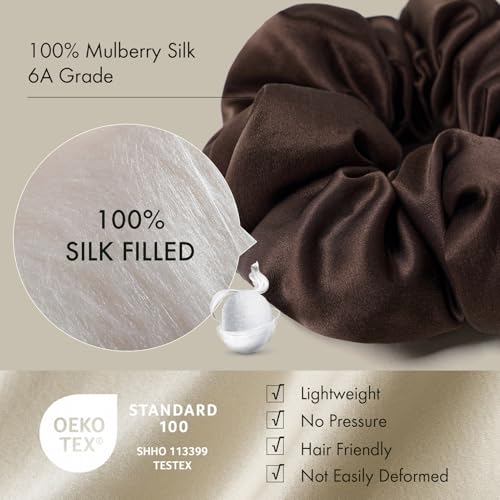 LILYSILK Jumbo Mulberry Silk Scrunchie - Oversized Hair Tie, Dark-Coffee