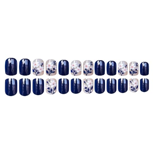 24pcs Dark Blue Daisy Press-On Nails for Spring Manicure