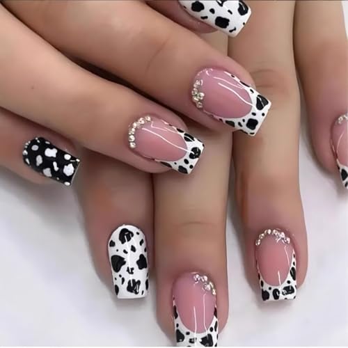 24 Pcs Short Square French Tip Press-On Nails with Glitter Rhinestones