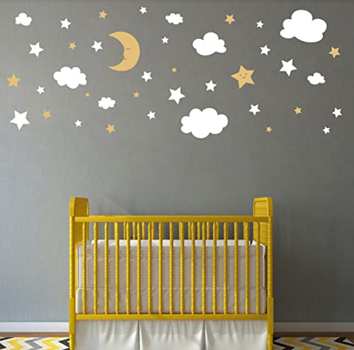 Crescent Moon Stars and Clouds Wall Decals for Nursery Decor