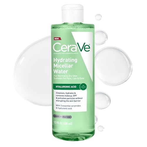 CeraVe Hydrating Micellar Water, Facial Cleanser & Makeup Remover with Hyaluronic Acid & Ceramides, 24h Hydration, Barrier Strengthening, Alcohol-Free, Fragrance-Free, Safe for Sensitive Skin, 13oz