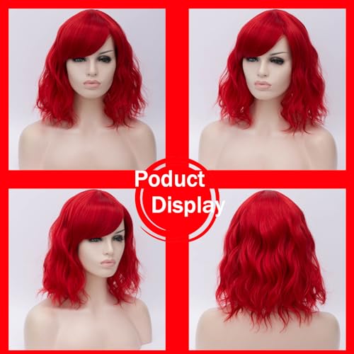 BUFASHION 14" Red Wavy Curly Wig with Bangs - Synthetic Cosplay Hair