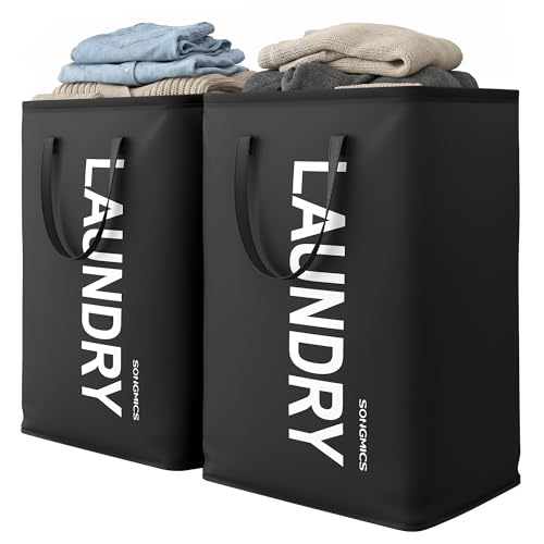 SONGMICS 80L Foldable Laundry Hamper - Water-Repellent Storage Basket, 2 Pack, Ink Black