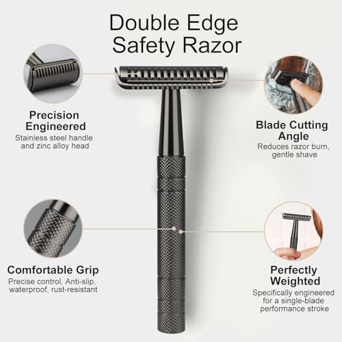 Black Stainless Steel Safety Razor with Stand - Single Blade Men’s Shaving Set
