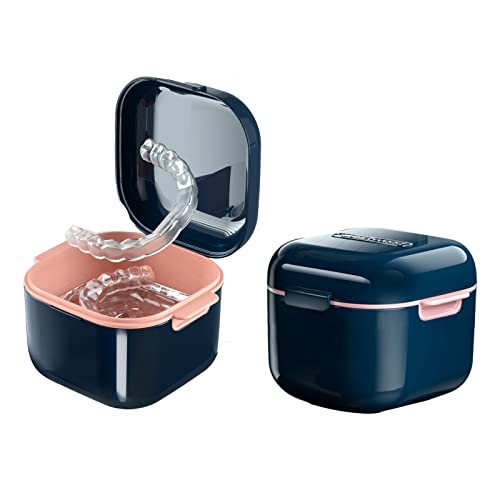 Blue Denture Cup and Retainer Case with Strainer Basket - Travel Oral Storage