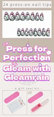 Gleamrain 24Pcs Medium Length Black Almond Press On Nails with 3D Butterfly Design