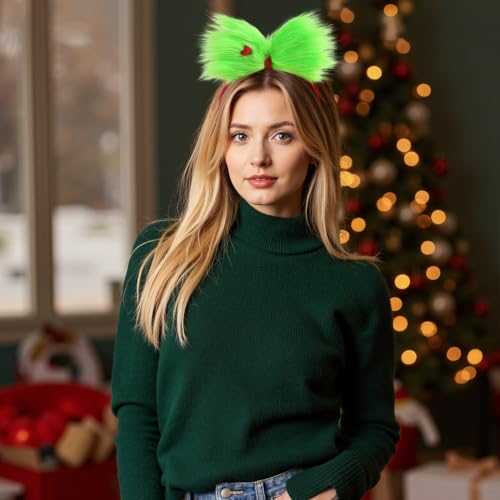 Green Furry Hair Bow Headband for Women - Large Christmas Hair Accessory