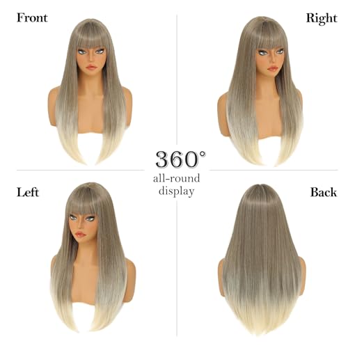 24in Ashy Blonde Straight Wig with Bangs for Women - Bkiyyi