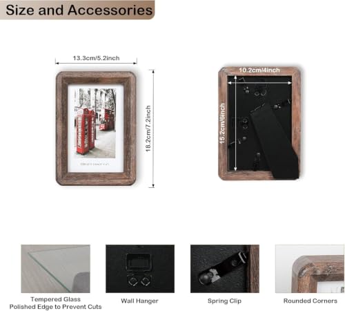 4x6 Rustic Wooden Picture Frame with Tempered Glass - Vertical & Horizontal Display
