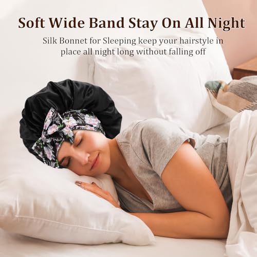 2Pcs Large Satin Sleep Bonnet with Adjustable Tie Bands - Black (Set of 2)