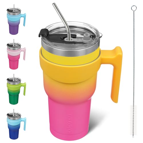 BJPKPK 30 oz Insulated Tumbler with Handle & Straw - Pink Yellow Rose
