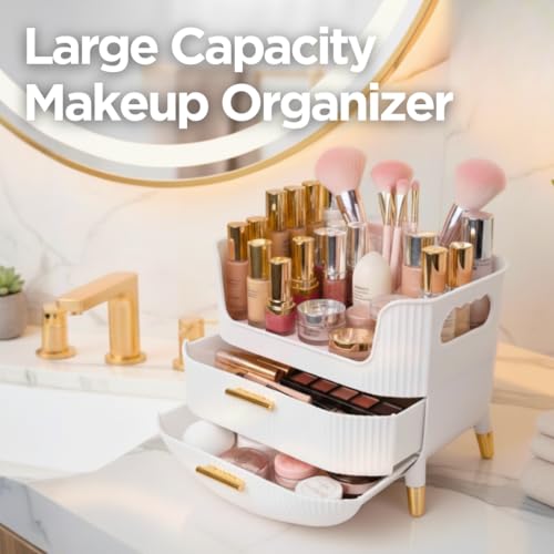 HALAFE White Makeup Organizer with Drawers for Vanity Storage