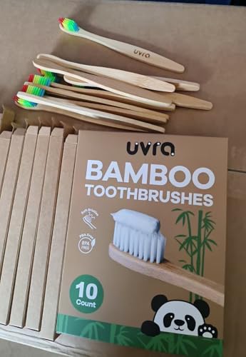 UVRA Rainbow Bamboo Toothbrush 10 Pack - Eco-Friendly Organic, Charcoal Infused Soft Bristles, Plastic-Free, Gentle for Sensitive Teeth