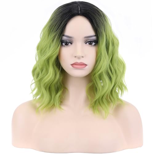 14" Curly Bob Wig - Black Ombre Green - Heat Resistant Synthetic Hair