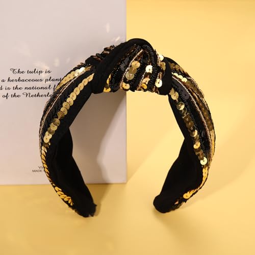 Game Day Knotted Headband Black Gold Sequin Seedbead Wide Top Knot Sports Fan Accessory