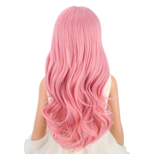 Edivd Kids Pastel Pink Long Wavy Curly Wig with Flat Bangs & Cap - Child-Friendly Synthetic Hair, Heat Resistant, 22 Inch