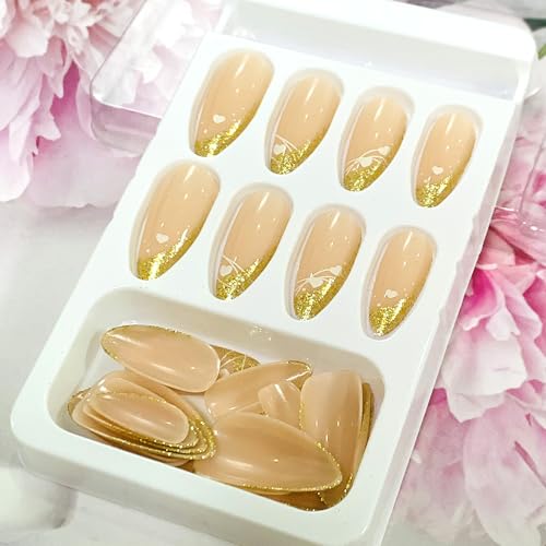 Onsdag Gold Glitter and White Love Heart Almond Press On Nails - 24 Pcs