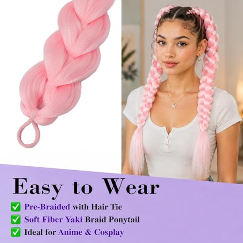 FancyCow 24-Inch Pink Braided Ponytail Extension for Kids & Cosplay
