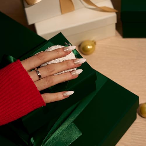 BTArtbox Press On Nails Full Kit - Medium Almond White Fake Nails with Champagne Frost Variation, 30pcs