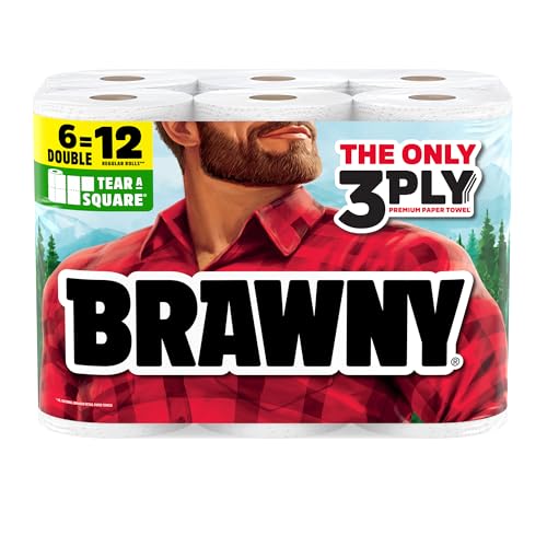 Brawny 3-Ply Paper Towels, 6 Double Rolls with Customizable Sheet Sizes