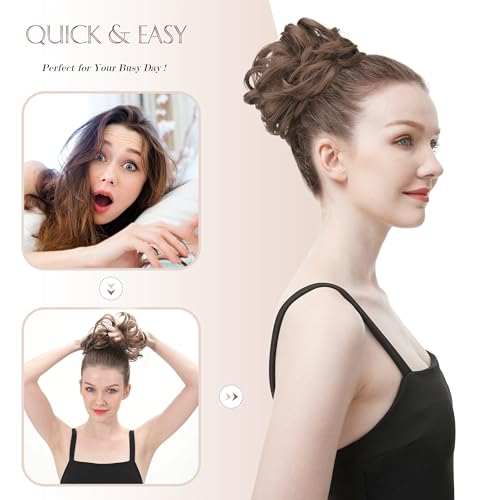 FESHFEN Large Messy Bun Hair Piece - Wavy Synthetic Chignon Scrunchies Elastic Ponytail Hair Extensions Thick Hairpieces for Women, Black Gray and White Tips 1.94oz