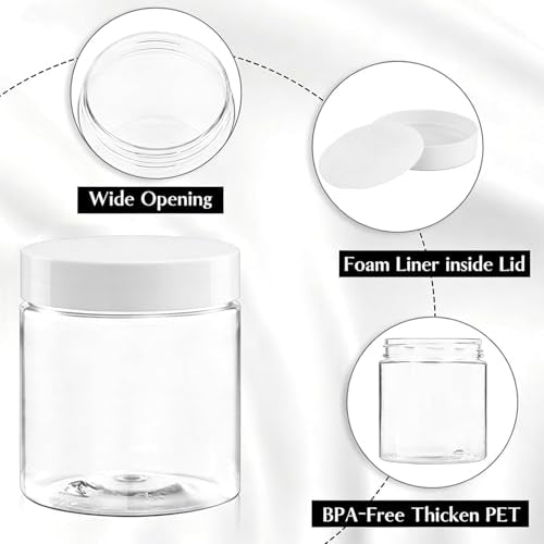 TUZAZO 8 Oz Plastic Containers with White Lids - 12 Pack Leak-Proof Jars