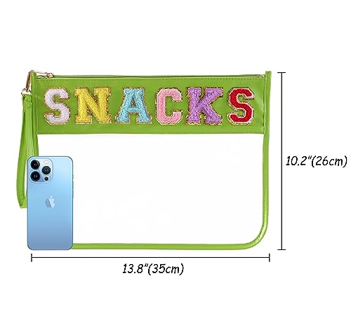 Clear Chenille Letter Tote Bag - Green SNACKS Transparent Waterproof Purse