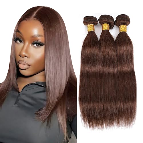 Aonbamds 3 Bundles Human Hair Extensions Brown Straight 12-16 Inch Virgin Brazilian