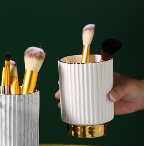 IEEK White Ceramic Makeup Brush Holder Organizer with Gold Accents