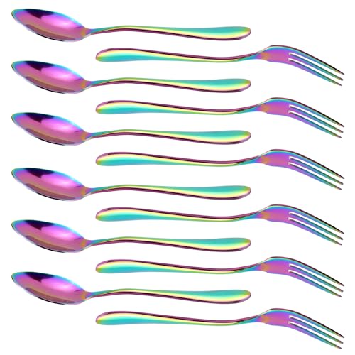 RETON 12-Piece Rainbow Dessert Forks and Spoons Set, Mini Stainless Steel Silverware
