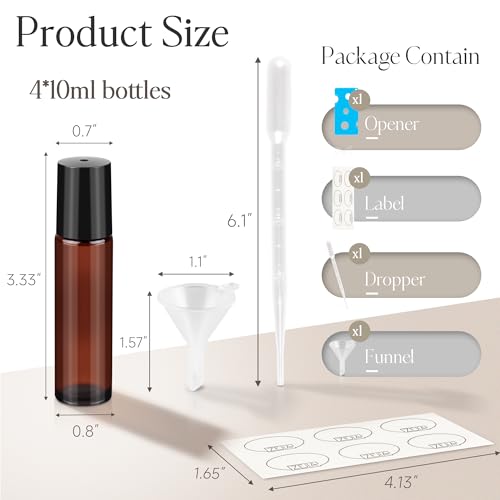 10ml Amber Roller Bottles for Essential Oils - 4 Pack with Stainless Steel Balls