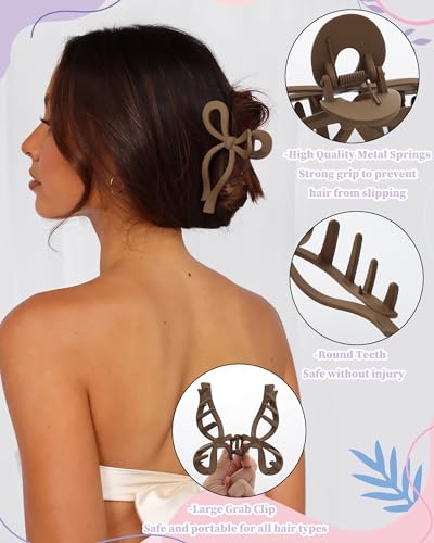 CHLINS 4 Pack Jumbo Bow Hair Claw Clips for Thick Hair, Tortoise+Camel+Black+Coffee