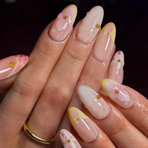 Medium Almond Press On Nails with 3D Pink Flower & Gold Pearl Decor – Reusable French Tip Fake Nails for Women, 30 Pack