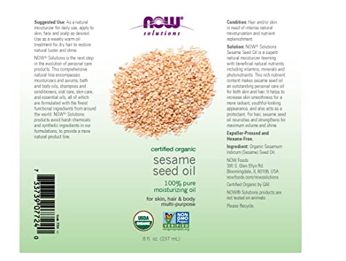 NOW Foods Organic Sesame Seed Oil - 100% Pure, 8 Fl Oz, Moisturizing Oil for Skin & Hair