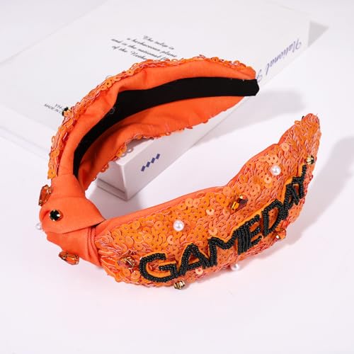 Orange Game Day Knotted Headband for Women with Pearl Rhinestones Sports Accessory