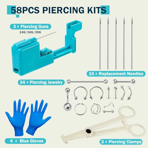 58pcs Body Piercing Kit - 14G 16G 20G Professional Piercing Tool Set