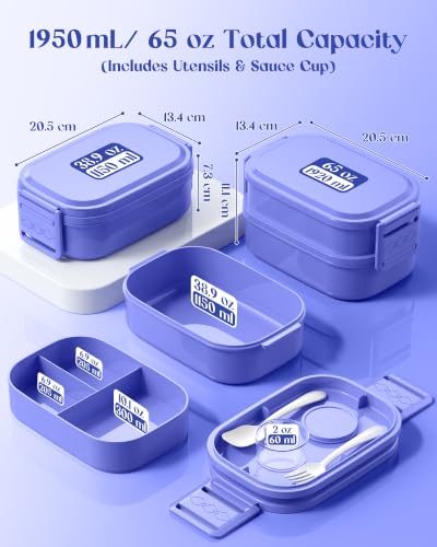Pure Whimsy 65 oz Adjustable 2/3 Tier Bento Lunch Box - Leakproof, BPA-Free