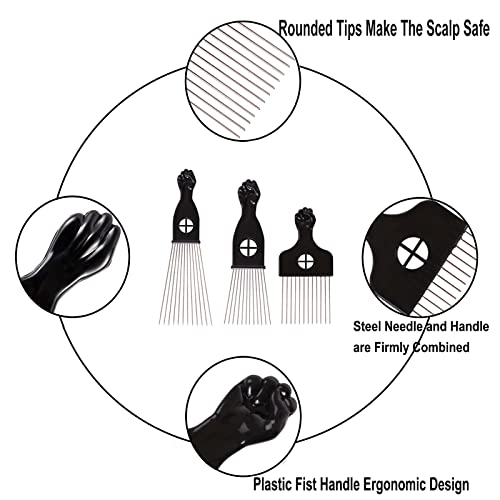 COOKOO 3 Pack Metal Afro Hair Combs - Wide Tooth Picks for Curly Hair