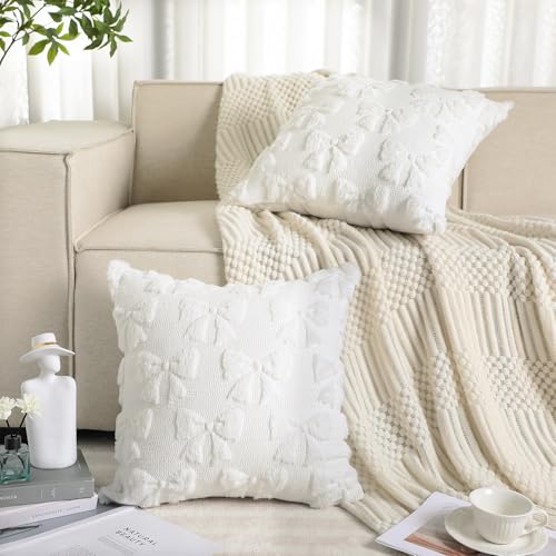 Mixweer Cream White Bow Pillow Covers Set of 2, 18x18