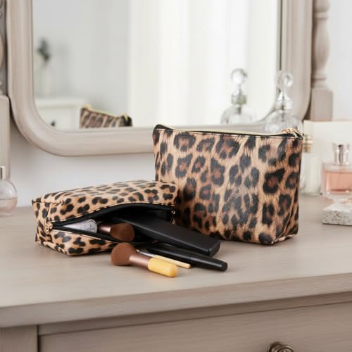 Brown Leopard Print Leather Cosmetic Bags Set - Travel Makeup Organizer for Women