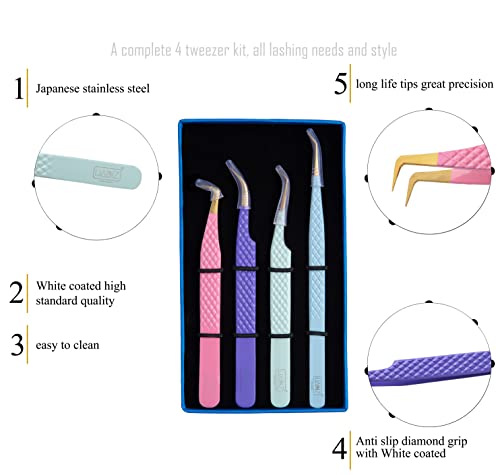 HADIZ Combination Fiber Tip Tweezers Set of 4 - Japanese Stainless Steel Lash Tweezers for Eyelash Extensions