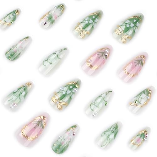Green Almond Press-On Nails with 3D Pearl Rhinestones - 24 Pcs
