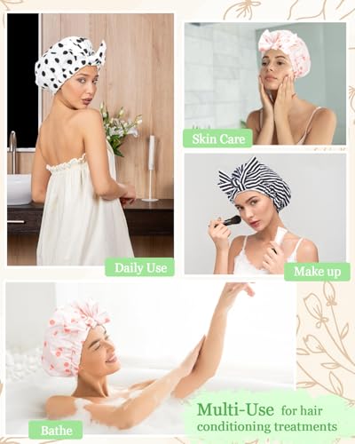 Pink Reusable Waterproof Shower Cap for Women with Adjustable Bowknot - Hair Bath & Hair Care