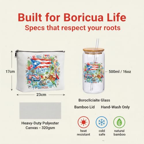 Festkulux 16oz Puerto Rico Glass Water Mug with Bamboo Lid & Straw, Cultural Gift Set