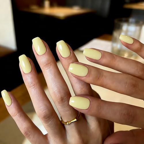 Pastel Yellow Short Coffin Press On Nails - 30 Pcs Acrylic Set
