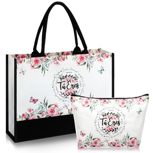 Inspirational Floral Bible Verse Tote & Makeup Bag Set for Women