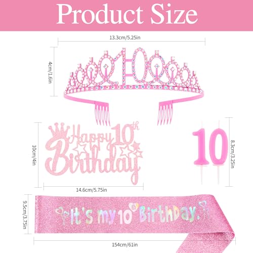 10th Birthday Party Decorations Set for Girls - Crown, Sash, Candle & Cake Topper